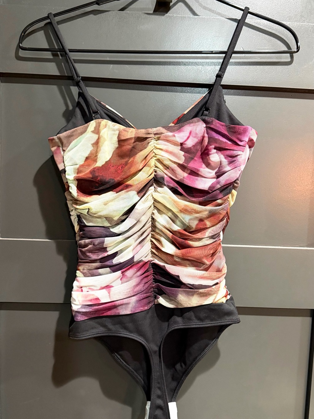 Express Floral Mesh Ruched Bodysuit
